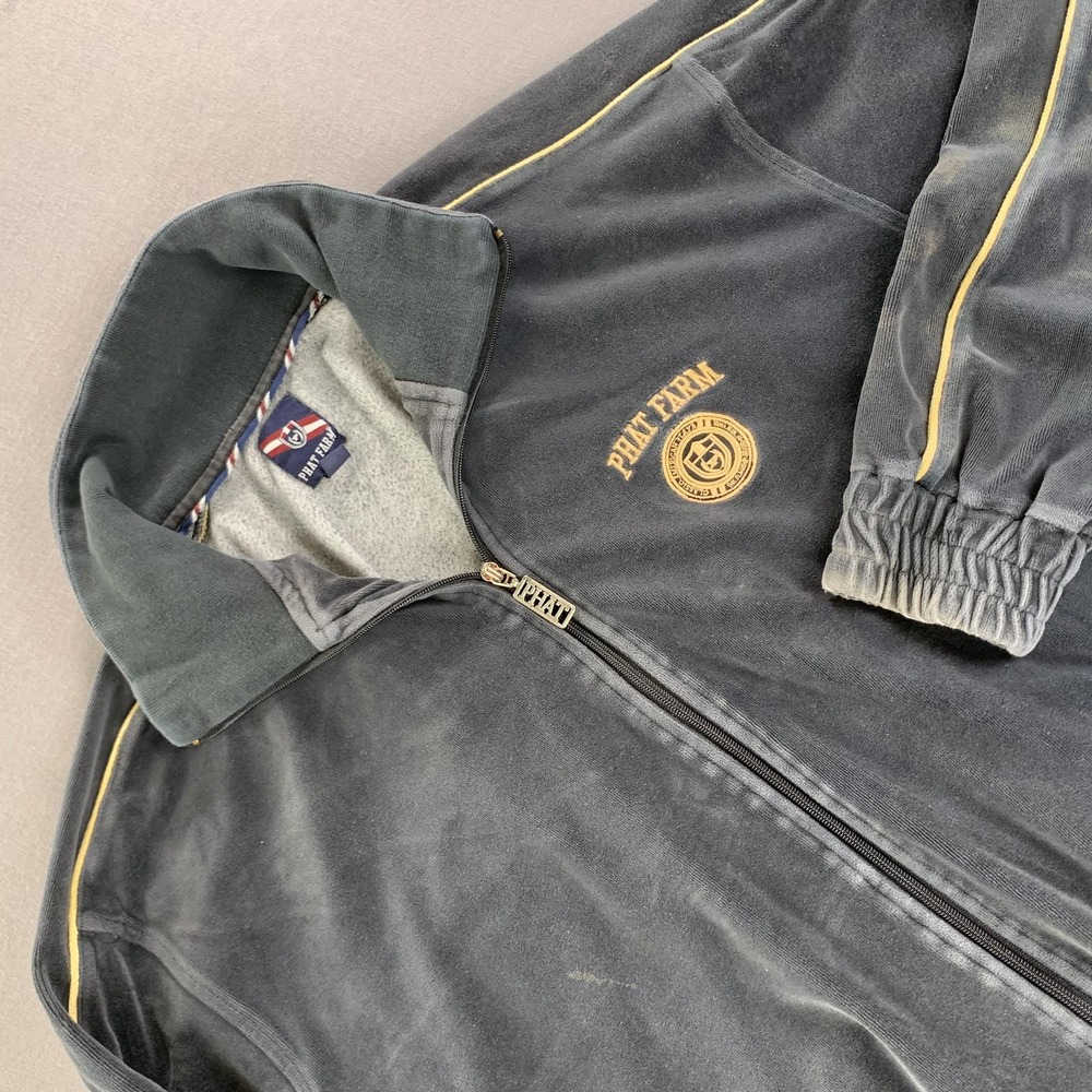 Phat Farm Track Jacket‎ Mens XL Gray Velour Full Zip Logo Hip Hop Athletic Y2K